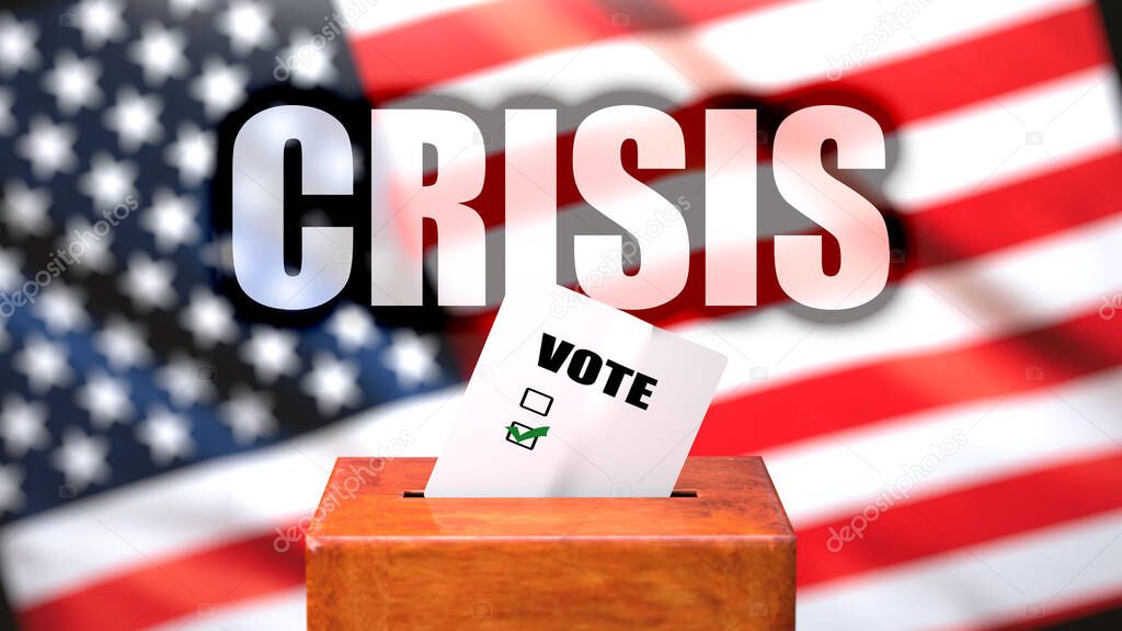Crisis and voting in the USA, pictured as ballot box with American flag in the background and a phrase Crisis to symbolize that Crisis is related to the elections, 3d illustration