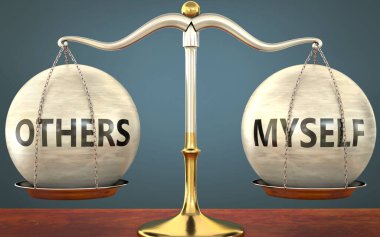 Diğerleri ve ben dengede kalıyoruz - ağırlıklar ve etiketlerle metal bir ölçek olarak resmedilmiş diğerleri ve ben bu kavramların denge ve simetrisini sembolize ediyoruz, 3d illüstrasyon