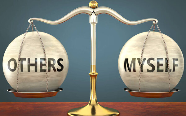 другие и я остаюсь в равновесии - изображен как металлическая шкала с весами и ярлыками другие и я, чтобы символизировать баланс и симметрию этих концепций, 3D иллюстрации