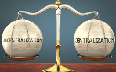 Ademi merkeziyet ve merkeziyetçiliğin dengede kalması - bu kavramların denge ve simetrisini sembolize eden ağırlıkları olan metal bir ölçek olarak resmedilmiş, 3d illüstrasyon
