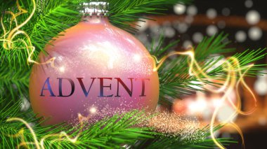 Advent ve Noel tatilleri, Noel süsü olarak resmedilmiş, Noelde Advent 'in Noellerdeki bağlantısını ve önemini sembolize eden sihirli ışınlar, 3d illüstrasyon.