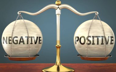 Negatif ve pozitif dengede duruyor - ağırlıkları ve etiketleri negatif ve pozitif olan metal bir ölçek olarak resmedilmiş bu kavramların denge ve simetrisini sembolize etmek için, 3d illüstrasyon