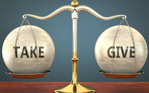 Метафора взятия и удержания в балансе - показана как металлическая шкала с весом и ярлыками, принимающая и дающая символизировать баланс и симметрию взятия и отдачи в жизни или бизнесе, 3d иллюстрация