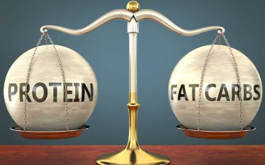 Protein ve yağ karbonhidratları dengede duruyor - ağırlıklar, etiketler, protein ve yağ karbonhidratları ile metal bir ölçek olarak resmedilmiş bu kavramların denge ve simetrisini sembolize etmek için