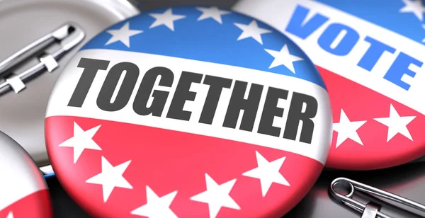Вместе Выборы Сша Изображенные Кнопки Спине Американским Флагом Символизируют Вместе — стоковое фото