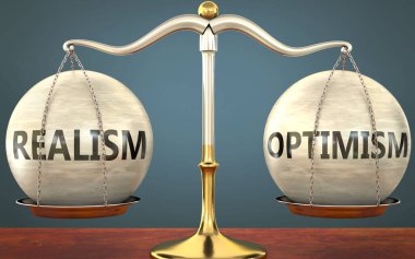 Gerçekçilik ve iyimserlik dengede duruyor - ağırlıklar ve etiketlerle metal bir ölçek olarak resmedilmiş gerçekçilik ve iyimserlik bu kavramların denge ve simetrisini sembolize ediyor, 3d illüstrasyon