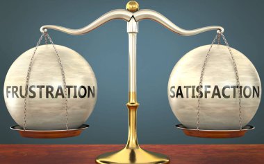 Hayal kırıklığı ve memnuniyet dengede duruyor - ağırlıkları ve etiketleriyle metal bir ölçek olarak resmedilmiş hayal kırıklığı ve bu kavramların denge ve simetrisini sembolize eden memnuniyet, 3d illüstrasyon