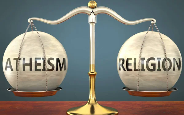 Αθεϊσμός Και Θρησκεία Παραμένουν Ισορροπία Απεικονίζεται Μια Μεταλλική Κλίμακα Βάρη — Φωτογραφία Αρχείου