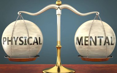 fiziksel ve zihinsel dengede kalmak - ağırlıkları ve zihinsel etiketleri ile metal bir ölçek olarak resmedilmiş denge ve simetriyi sembolize etmek için bu kavramlar, 3d illüstrasyon