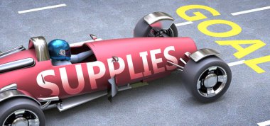 Supplies helps reaching goals, pictured as a race car with a phrase Supplies on a track as a metaphor of Supplies playing vital role in achieving success, 3d illustration clipart
