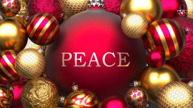 Barış ve Xmas, kırmızı ve altın renkli, lüks Noel süslemeleri olarak resmedildi. Barış, Noel tatillerinde barışın önemini ve ilişkisini göstermek için, 3 boyutlu bir illüstrasyon.