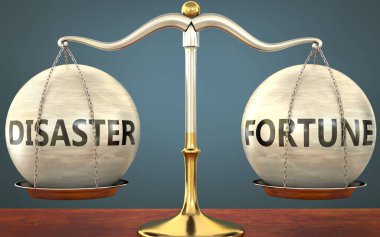 Felaket ve servetin dengede kalması - ağırlıklar ve etiketlerle metal bir ölçek olarak resmedilmiş ve bu kavramların denge ve simetrisini sembolize eden felaket ve servet, 3d illüstrasyon