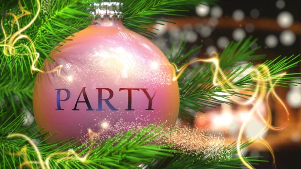 Party Und Weihnachtsfeiertage Dargestellt Als Weihnachtskugel Mit Wort Party Und — Stockfoto