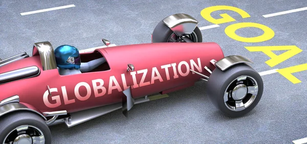 Globalisierung Hilft Beim Erreichen Von Zielen Dargestellt Als Rennwagen Mit — Stockfoto
