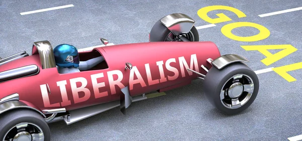 自由主義は目標に到達するのに役立ちます 成功を達成する上で重要な役割を果たして自由主義のメタファーとしてトラック上のフレーズ自由主義とレースカーとして描かれました 3Dイラスト — ストック写真