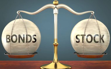 Tahviller ve hisse senetleri dengede duruyor - ağırlıklar, etiketler ve tahviller ile metal bir ölçek olarak resmedilmiş ve bu kavramların denge ve simetrisini sembolize eden stoklar, 3d illüstrasyon