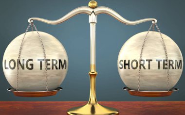 Uzun vadede ve kısa vadede dengede kalmak - ağırlıklar ve etiketlerle birlikte metal bir ölçek olarak resmedilmiş uzun vadede ve kısa vadede bu kavramların denge ve simetrisini sembolize etmek için, 3d illüstrasyon