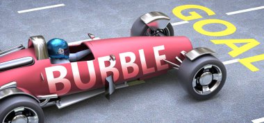Kabarcık, Bubble 'ın değer kazanma ve hayatta ve işte başarı elde etmede önemli rol oynadığını gösteren bir metafor olarak bir yarış arabası olarak resmedilen hedeflere ulaşmada yardımcı oluyor, 3D illüstrasyon