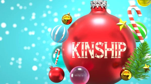 キンシップとクリスマス休暇 クリスマス休暇中にキンシップの接続と重要性を象徴する言葉キンシップと抽象的なクリスマスの装飾ボールとして写真 3Dイラスト — ストック写真