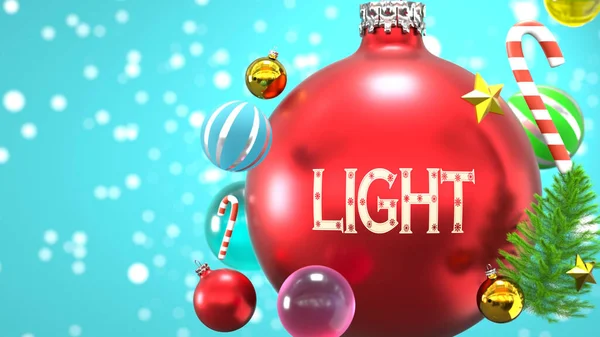 クリスマス休暇中の光のつながりと重要性を象徴する言葉で抽象的なクリスマスの装飾ボールとして描かれた光 3Dイラスト — ストック写真