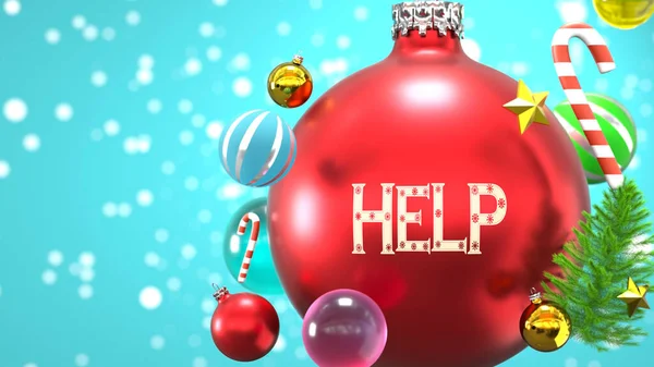 単語と抽象的なクリスマスの装飾ボールとして描かれたヘルプとクリスマス休暇中のヘルプの接続と重要性を象徴するのに役立ちます 3Dイラスト — ストック写真