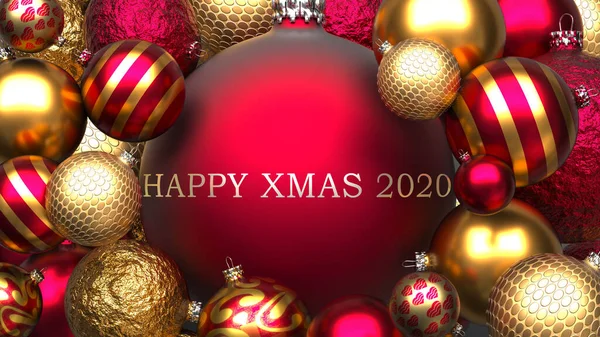 Luxury Golden Red Christmas Ornament Balls Phrase Happy Xmas 2020 — Stock Photo, Image