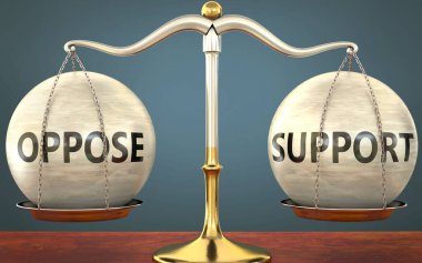 Dengede kalmaya karşı çıkan ve destek veren - ağırlıkları ve etiketleri ile metal bir ölçek olarak resmedilen bu kavramların denge ve simetrisini sembolize etmeye karşı çıkan ve destekleyen 3d illüstrasyon
