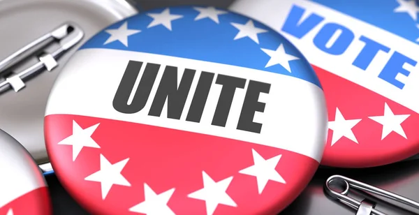 アメリカの国旗の色や言葉でピンバックボタンとして描かれたアメリカの統一と選挙統一と投票は それが選挙の一部になるか 投票に影響を与える可能性があることを象徴するために 3Dイラスト — ストック写真