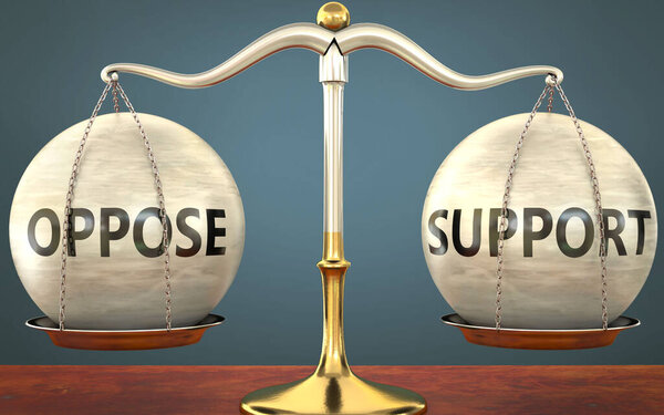 противопоставлять и поддерживать поддержание баланса - изображенный как металлическая шкала с весами и ярлыками противостоят и поддерживают символизируют баланс и симметрию этих концепций, 3d иллюстрации