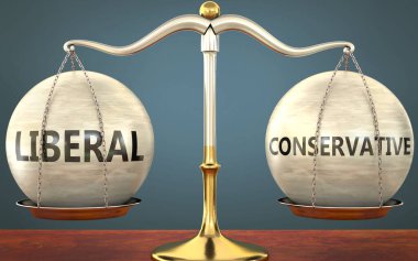 liberal ve muhafazakâr dengede duruyor. Bu kavramların denge ve simetrisini sembolize etmek için ağırlıkları ve etiketleri liberal ve muhafazakâr olan metal bir ölçek olarak resmedilmiş.