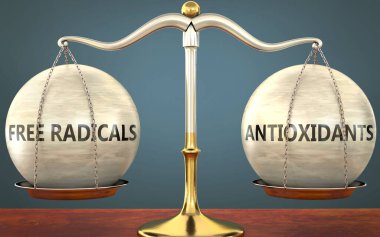 serbest radikaller ve antioksidanlar dengede duruyor - ağırlıkları denge ve simetriyi sembolize eden metal bir ölçek olarak resmedilmiş bu kavramlar, 3d illüstrasyon