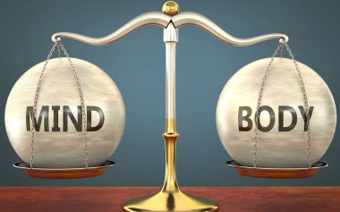 Zihin ve beden metaforu dengede duruyor. Metal bir ölçek olarak ağırlıklar ve etiketler, zihin ve beden dengesi ve beden simetrisini sembolize etmek için gösteriliyor.
