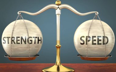 Güç ve hızın dengede kalması - ağırlık ve etiketlerle metal bir ölçek olarak resmedilmiş güç ve hız bu kavramların denge ve simetrisini sembolize eder, 3d illüstrasyon