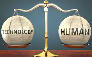 Teknoloji ve insanın dengede kalması - ağırlıklar, etiketler ve teknolojiyle metal bir ölçek olarak resmedilmiş ve bu kavramların denge ve simetrisini sembolize eden bir teknoloji, 3d illüstrasyon
