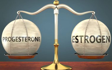 Progesteron ve östrojen dengede duruyor - ağırlıklar ve etiketlerle metal bir ölçek olarak resmedilmiş, projesteron ve östrojen bu kavramların denge ve simetrisini sembolize ediyor, 3d illüstrasyon
