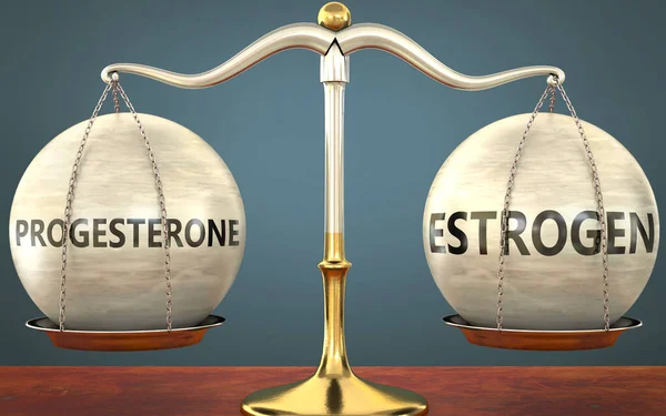 Progesteron ve östrojen dengede duruyor - ağırlıklar ve etiketlerle metal bir ölçek olarak resmedilmiş, projesteron ve östrojen bu kavramların denge ve simetrisini sembolize ediyor, 3d illüstrasyon