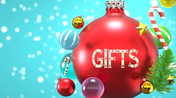 言葉で抽象的なクリスマスの装飾ボールとして描かれたギフトやクリスマス休暇 クリスマス休暇中の贈り物の接続と重要性を象徴するギフト 3Dイラスト — ストック写真