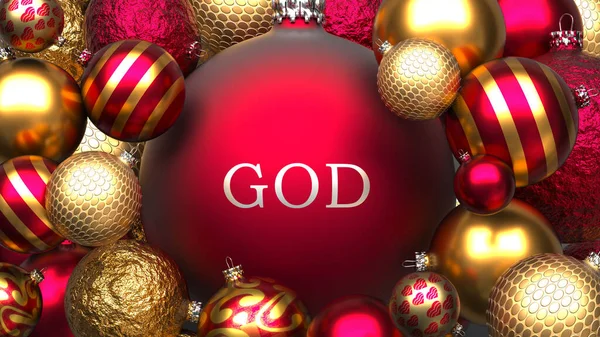 Isten Karácsony Képezett Piros Arany Luxus Karácsonyi Dísz Labdák Szó — Stock Fotó