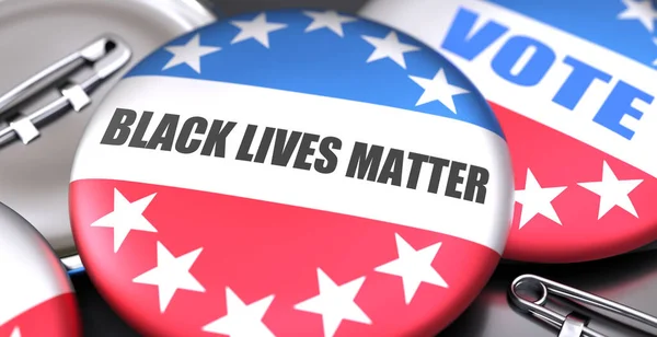 アメリカの国旗のピンバックボタンとして描かれたアメリカの黒人の生活の問題と選挙は 黒人の生活の問題が選挙の重要な一部であることを象徴するために 3Dイラスト — ストック写真