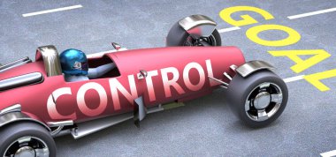 Kontrol hedeflere ulaşılmasına yardımcı olur, bir yarış arabası olarak resmedilmiş bir ifade kontrolü metaforu ile hayatta ve iş hayatında değer kazanmada ve başarı elde etmede önemli rol oynamaktadır, 3d illüstrasyon