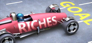 Zenginlik hedeflere ulaşılmasına yardımcı olur, Riches 'in bir metaforu olarak resmedilmiş bir yarış arabası gibi, değer kazanmada ve hayatta ve işte başarı elde etmede önemli rol oynayan bir metafor olarak, 3d illüstrasyon