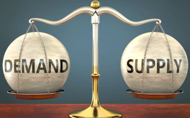 Talep ve arzın dengede kalması - ağırlıklar ve etiketlerle birlikte metal bir ölçek olarak resmedilmiş, bu kavramların denge ve simetrisini sembolize eden talep ve arz, 3d illüstrasyon
