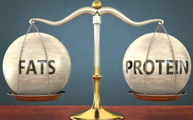 Yağ ve protein dengede duruyor - ağırlıkları, yağları ve proteini simgeleyen metal bir ölçek olarak resmedilmiş ve bu kavramların denge ve simetrisini sembolize eden protein, 3d illüstrasyon