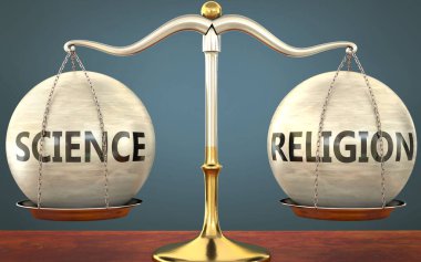 Bilim ve dinin dengede kalması - bu kavramların denge ve simetrisini, 3d illüstrasyonunu sembolize etmek için ağırlık ve etiketlerle birlikte metal bir ölçek olarak resmedilmiştir.