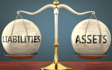 Yükümlülükler ve varlıklar dengede duruyor - bu kavramların denge ve simetrisini sembolize eden ağırlık ve etiketler ve varlıklar ile metal bir ölçek olarak resmedilmiş, 3d illüstrasyon