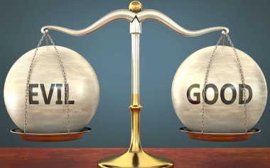 Kötülük ve iyiliğin dengede kalmasının metaforu - ağırlıklar ve etiketler ile metal bir ölçek olarak gösterildi ve kötülük ve iyiliğin denge ve simetrisini sembolize etmek için yaşam ve iş hayatında 3d illüstrasyon