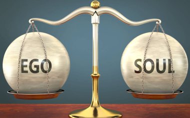 Ego ve ruhun dengede kalmasının metaforu - ağırlıklar ve etiketlerle birlikte metal bir ölçek olarak gösterildi, ego ve ruhun denge ve simetrisini sembolize etmek için, hayat ve iş hayatında veya iş hayatında, 3d illüstrasyon