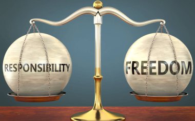 sorumluluk ve özgürlük dengede duruyor - ağırlıklar ve etiketlerle metal bir ölçek olarak resmedilmiş ve sorumluluk ve bu kavramların denge ve simetrisini sembolize etme özgürlüğü, 3d illüstrasyon