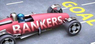 Bankacılar, Bankacılar 'ın değer kazanmada ve hayatta ve ticarette başarı elde etmede önemli rol oynadığı bir metafor olarak tanımlanan bir yarış arabası olarak resmedilmiş hedeflere ulaşılmasına yardımcı oluyorlar, 3D illüstrasyon