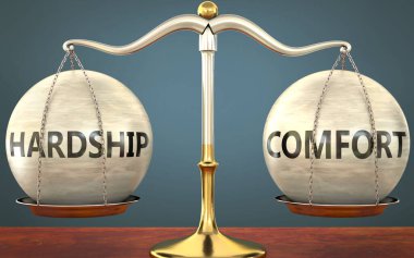 Zorluk ve konfor dengede duruyor - ağırlıklar ve etiketlerle metal bir ölçek olarak resmedilmiş zorluk ve konfor bu kavramların denge ve simetrisini sembolize etmek için, 3d illüstrasyon